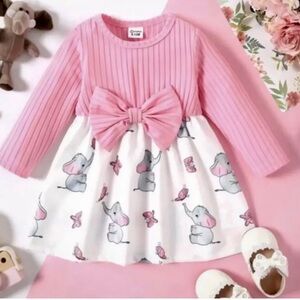 Baby Girls Pink Elephant Large Bow Long Sleeve Fit & Flare Dress Size 18-24M